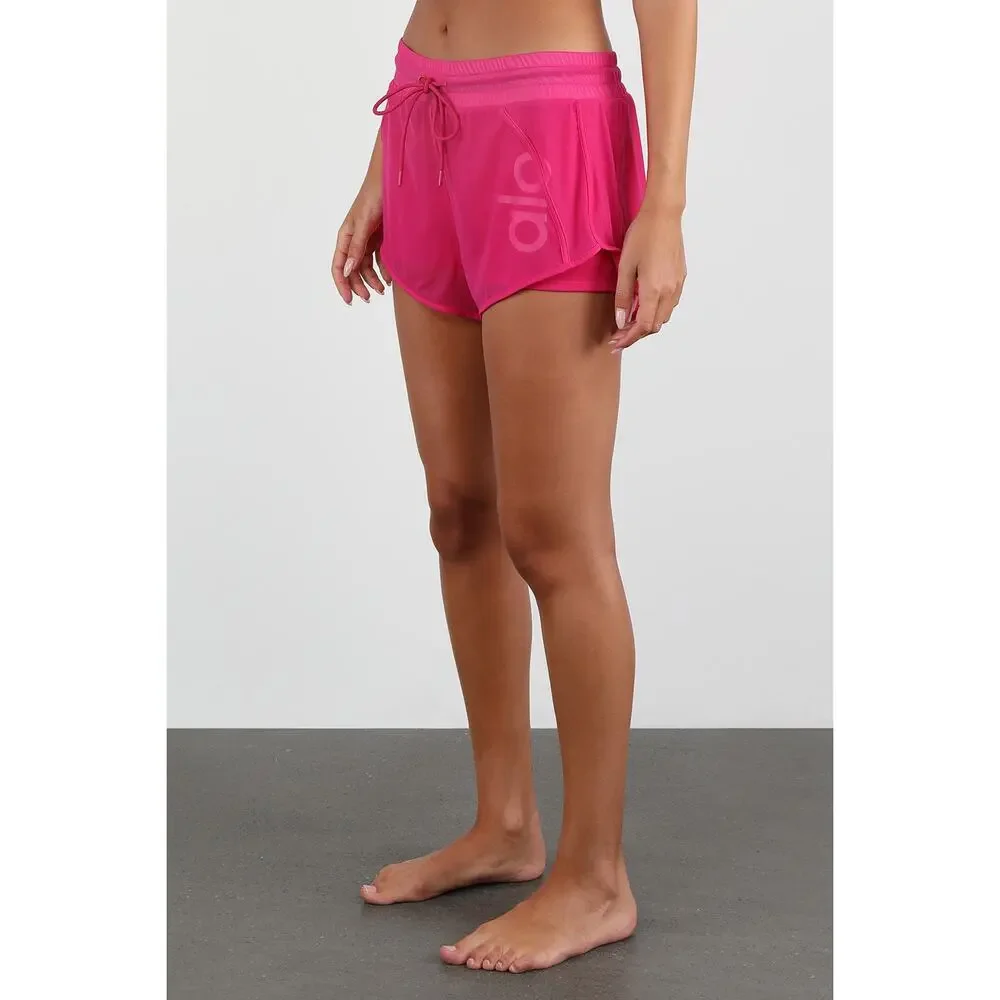 ALO Ambience Neon Pink Mesh Running Shorts Large Lined Drawstring Active‎ Gym